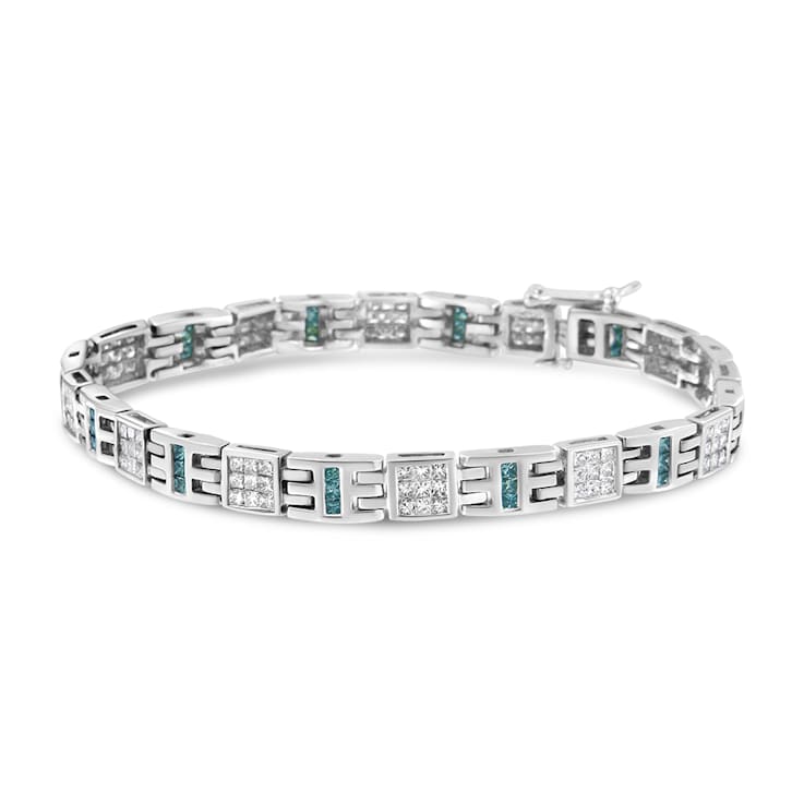 14K White Gold 3.0ctw Princess-Cut White and Blue Diamond Fashion Bracelet