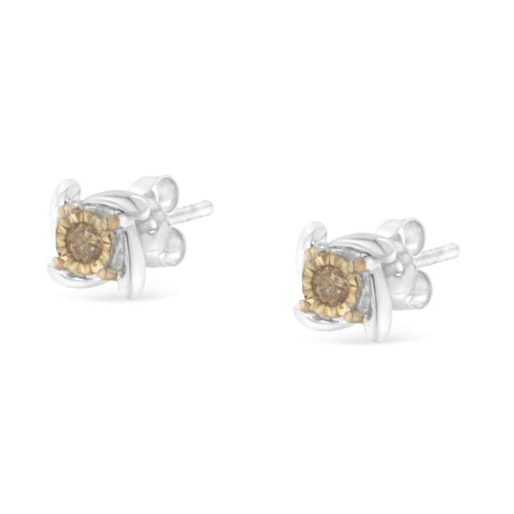Two-Toned Sterling-Silver Champagne Diamond Stud Earring .10ctw