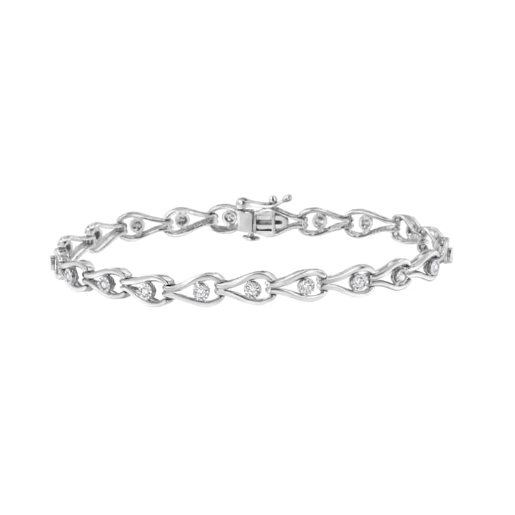 Sterling Silver .10ctw Miracle-Set Diamond Pear Shape and Bezel Link Bracelet