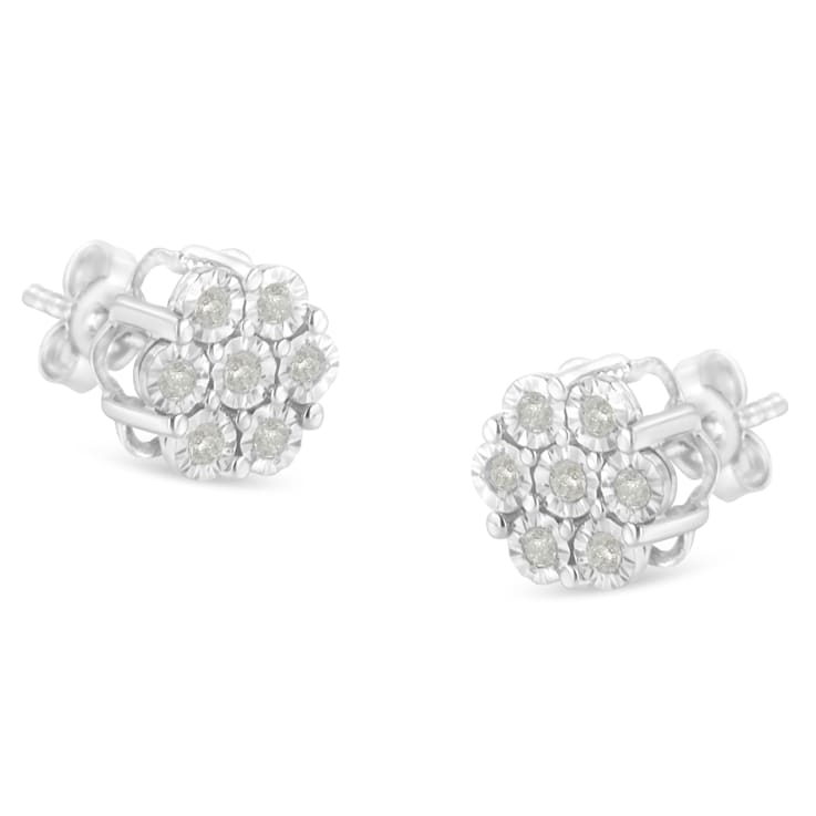 Sterling Silver 1/4ctw Round-Cut Diamond Miracle-Set Floral Cluster
Button Stud Earrings