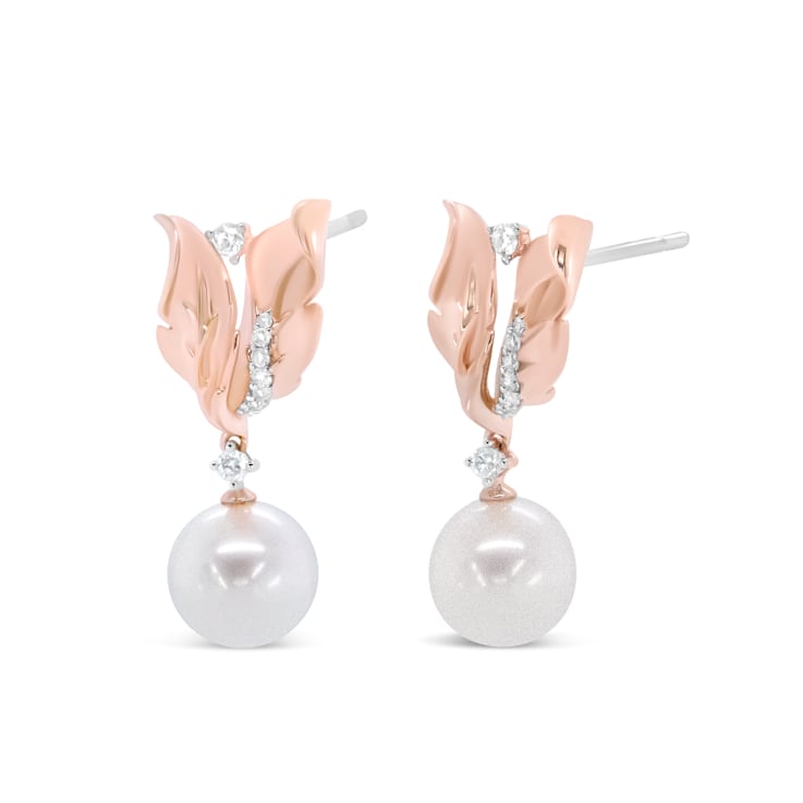 14K Rose Gold 1/6 Cttw Round Diamond and 8mm Round Pearl Floral Drop
Stud Earrings