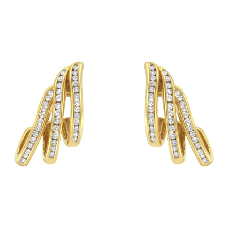 10K Yellow Gold 1.0ctw Round Diamond Spiral Multi Row Channel Set Hoop Earrings