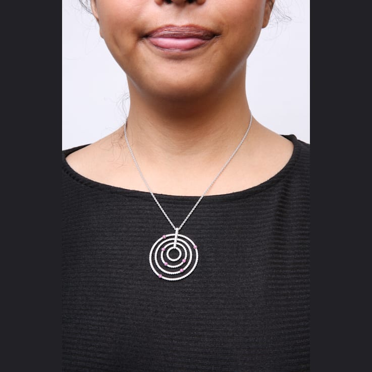 18K White Gold Round Red Ruby Gemstone and Round Diamonds Spiral
Statement Pendant Necklace