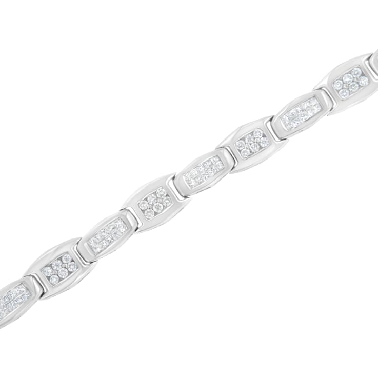 14K White Gold 2.50ctw Round and Baguette Cut Diamond Alternating Flared
Links Tennis Bracelet