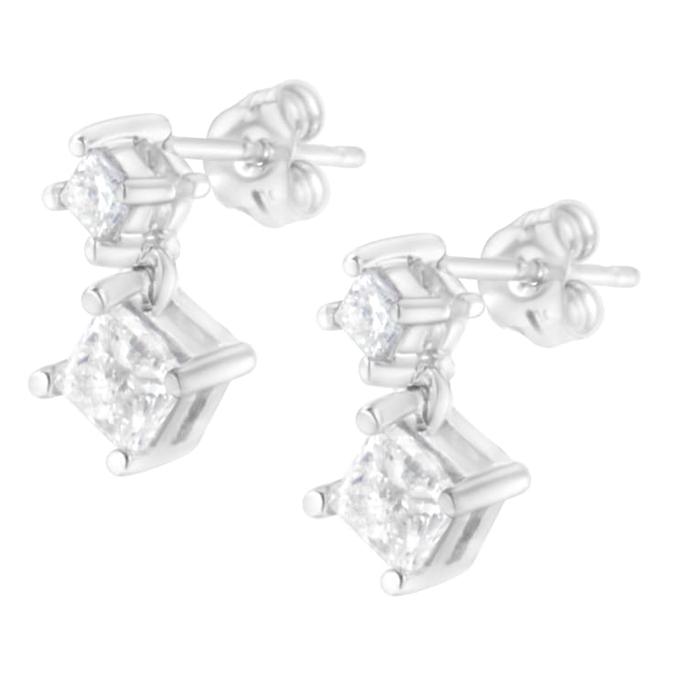 14K White Gold 1.0ctw Princess-Cut Double Diamond Drop Stud Earrings