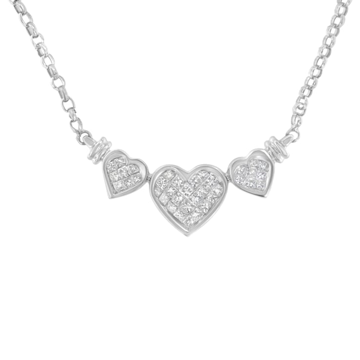 14K White Gold 1.0ctw Princess Cut Diamond Three Heart Necklace (H-I
Color, SI2-I1 Clarity)