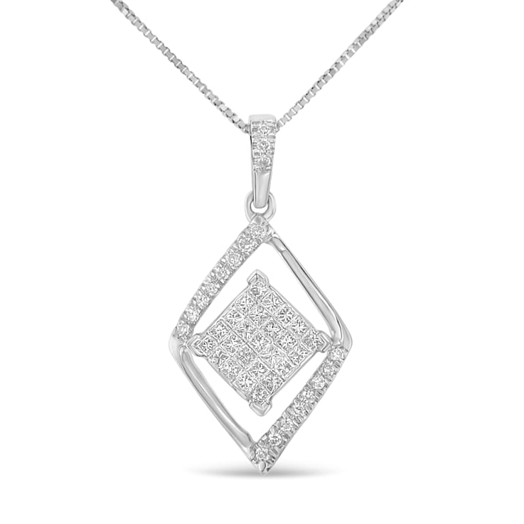 10k White Gold 1/3ctw Mixed Cut Diamond Double Triangle 18" Pendant w\chain