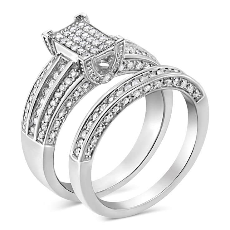 Sterling Silver 3/4ctw Round Diamond Composite Engagement Ring and Band Set