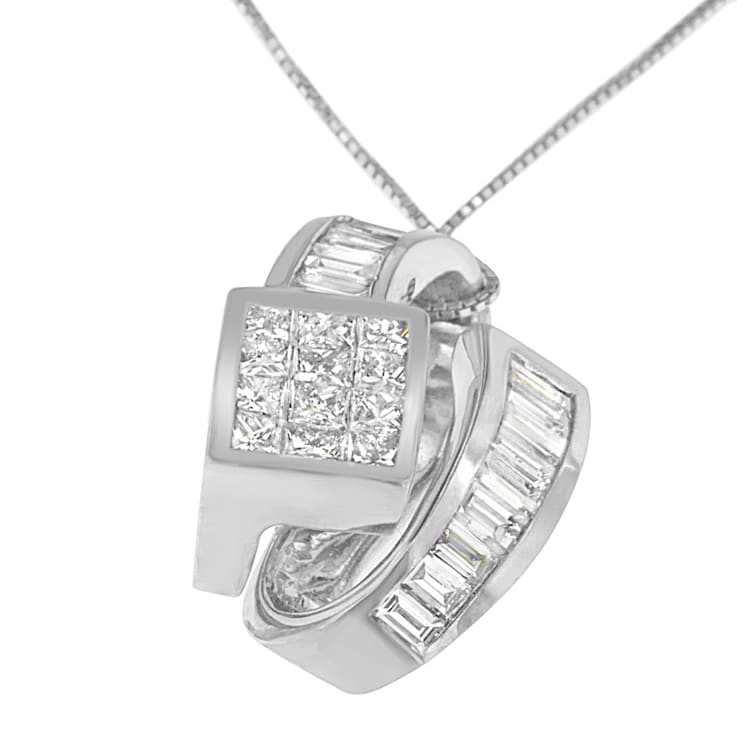 14K White Gold 2ctw Princess and Baguette Cut Diamond Double Loop
Pendant w\chain(G-H, VS1-VS2)