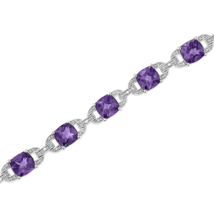 .925 Sterling Silver 7x7 mm Cushion Cut Amethyst and 1/20ctw Round Cut
Diamond Tennis Bracelet