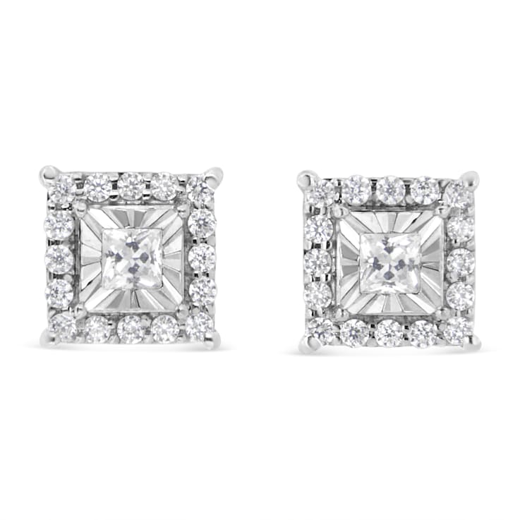Sterling Silver 1/4ctw Princess and Round Cut Diamond Halo Stud Earrings