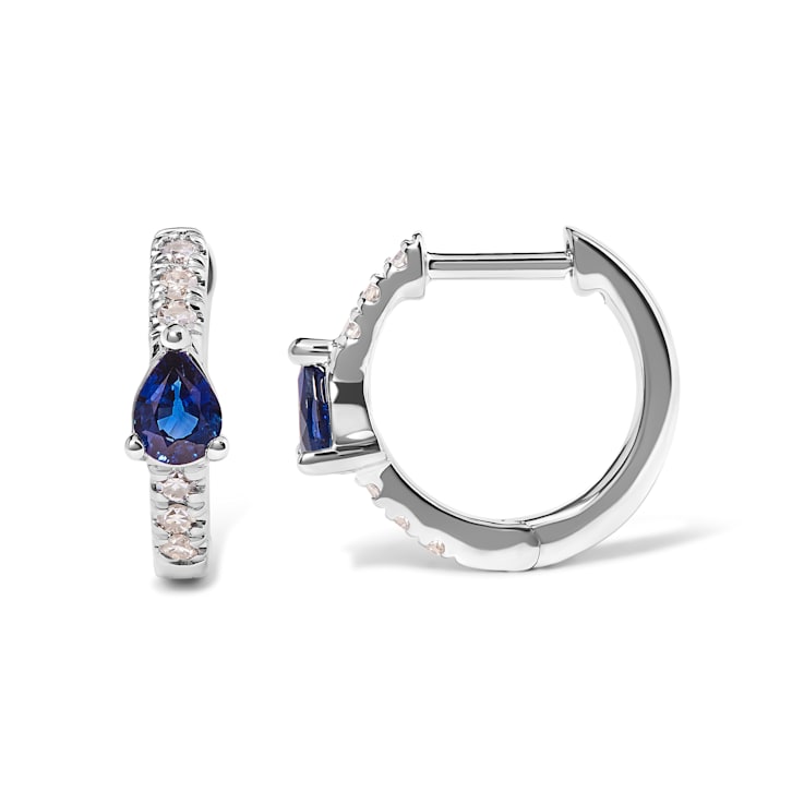 10K White Gold Pear Shaped Blue Sapphire and 1/10 Cttw Diamond Huggy
Hoop Earrings