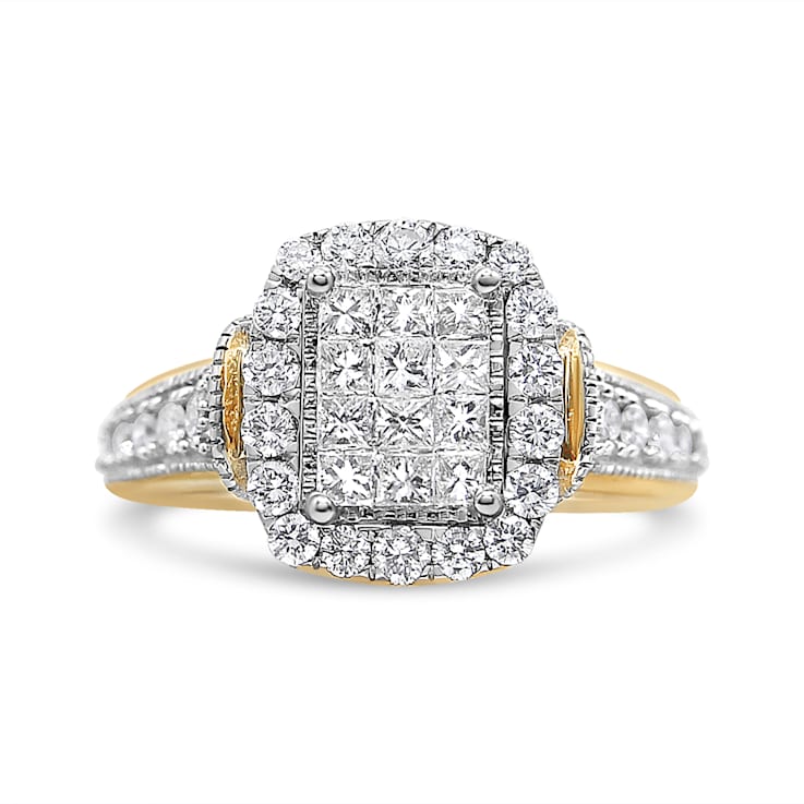1.00ctw Round and Baguette Diamond 14K Yellow and White Gold Halo Ring