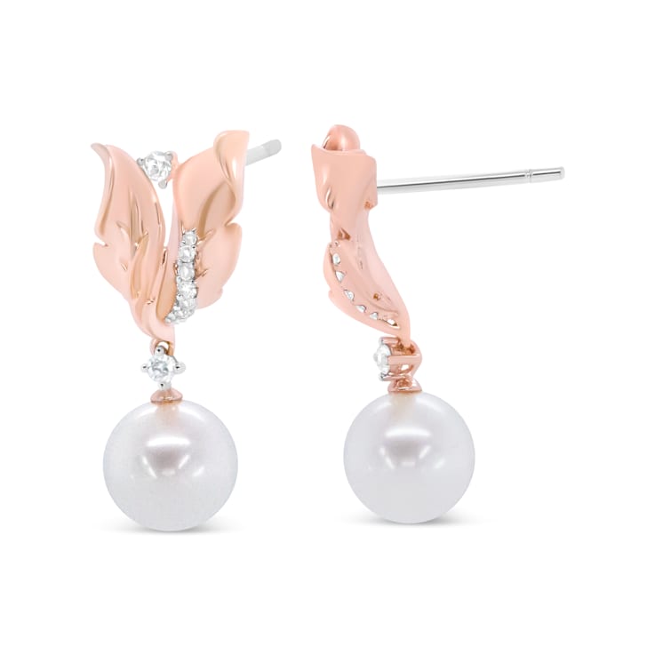 14K Rose Gold 1/6 Cttw Round Diamond and 8mm Round Pearl Floral Drop
Stud Earrings