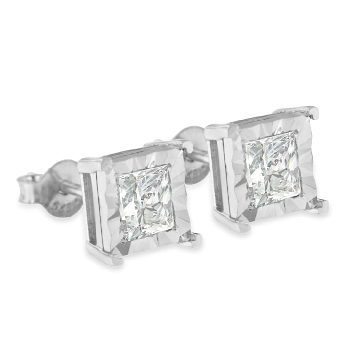 Sterling Silver 1.0ctw Miracle Set Princess-cut Diamond Solitaire Stud Earrings
