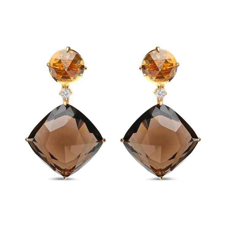 18K Yellow Gold Round Citrine and Cushion Cut Smoky Quartz Gemstone with
Diamond Accent Earrings