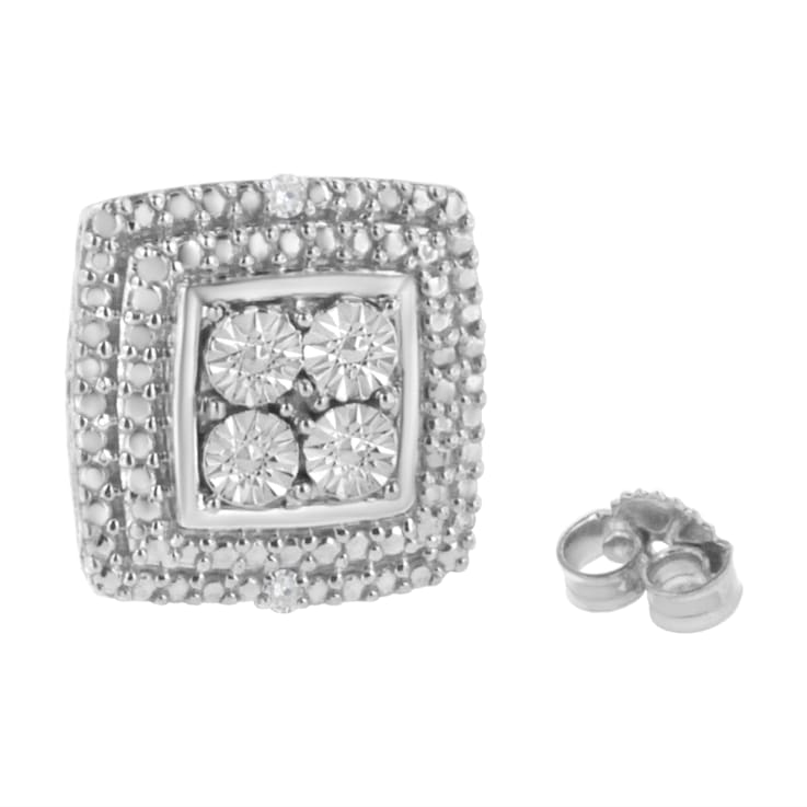 Diamond Accented Square-Shaped Sterling Silver Milgrain Stud Earrings