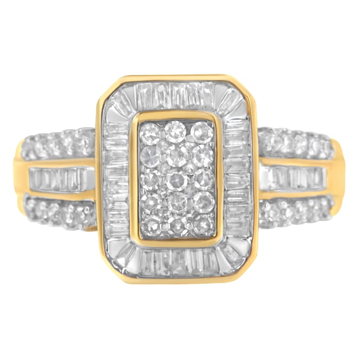 10K Yellow Gold Round and Baguette-Cut Diamond Cluster Ring (1.0 Cttw,
I-J Color, SI1-SI2 Clarity)