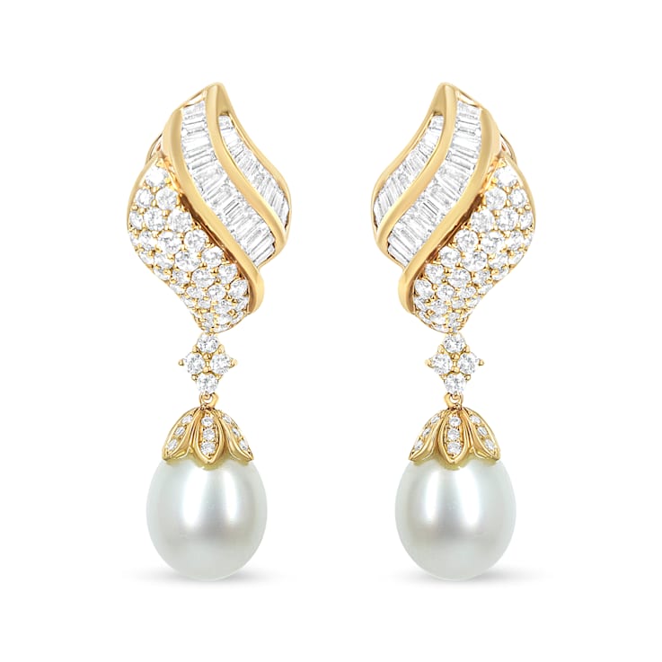 18k Yellow Gold 7.0 Cttw Baguette and Round Diamond South Sea Pearl Drop
Dangle Omega Earrings