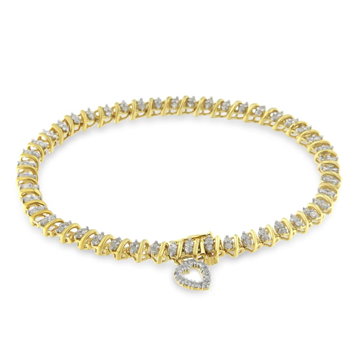 Yellow Gold-Plated Sterling Silver 2ct TDW Diamond Heart Charm Bracelet
(I-J, I3-Promo) - 7"