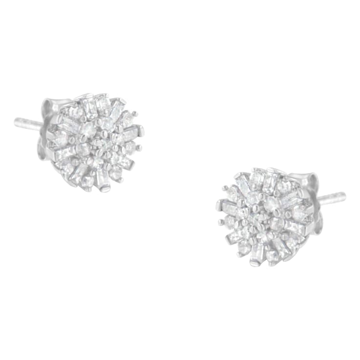 Sterling Silver 1/2 Round and Baguette Diamond Sunburst Floral Cluster
Stud Earrings