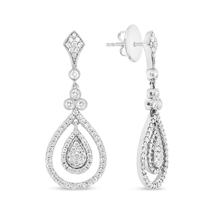 18K White Gold 1 1/4 Cttw Round Diamond Openwork Teardrop-Shaped Dangle Earrings