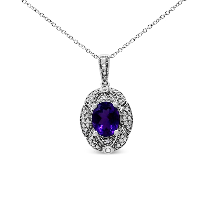Sterling Silver Diamond Accent and 9x7mm Oval Amethyst