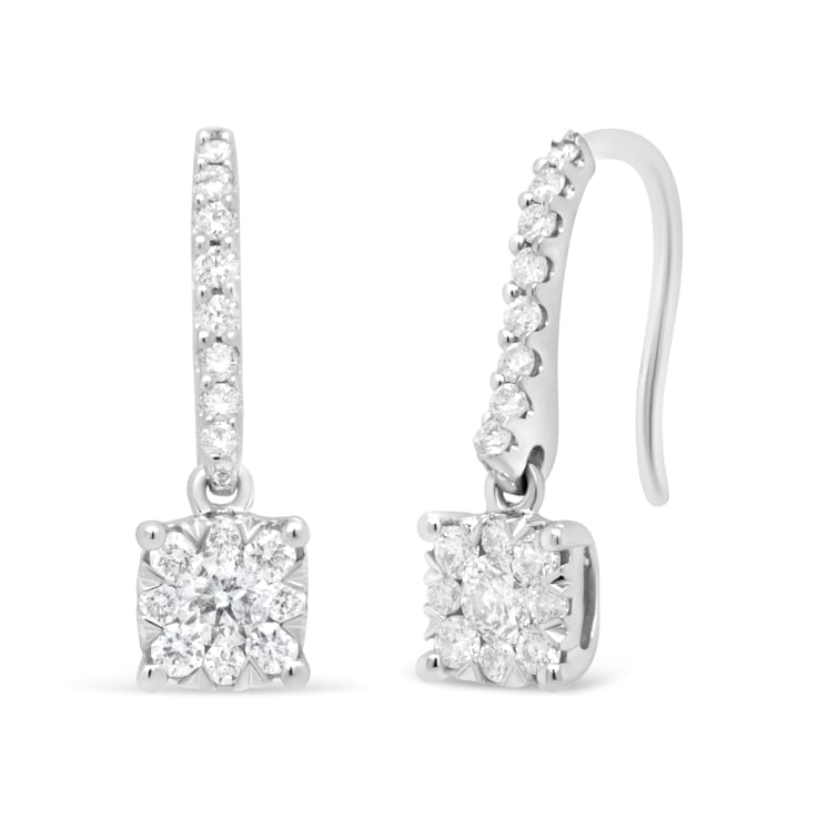 14K White 1/2ctw Round Diamond Halo Dangle Hook Earring