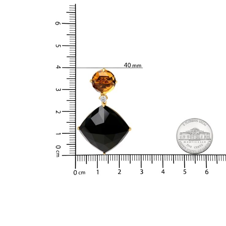 18K Yellow Gold Round Citrine and Cushion Cut Onyx Gemstone with Diamond
Accent Dangle Earrings