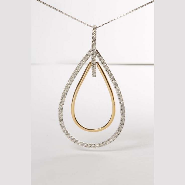 14K Two-Tone Gold Round Cut Diamond Double Burst Pendant Necklace 1.00ctw
