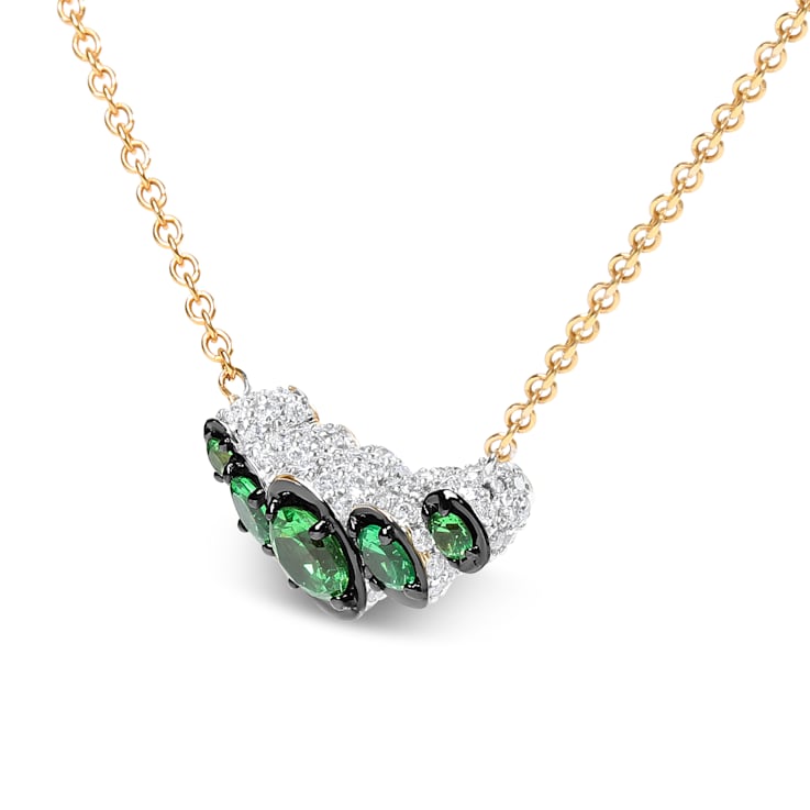 18K Rose Gold Multi-Size Round Tsavorite and Pave Round Diamonds Curved
Bar Necklace