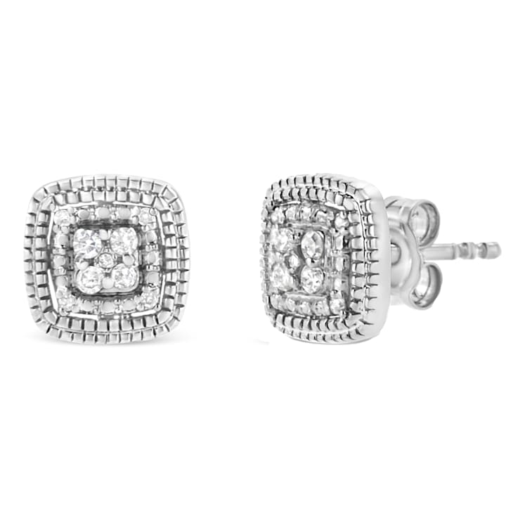 Sterling Silver 1/10ctw Prong-Set Round Cut Diamond Square Shape with
Milgrain Halo Stud Earrings
