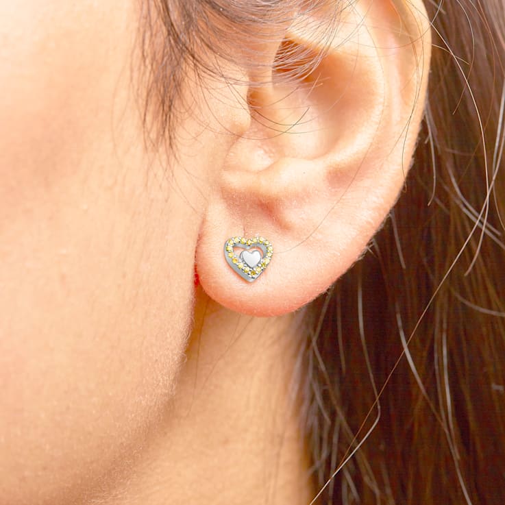 Sterling Silver 1/6 Cttw Yellow Diamond Open Double Heart Stud Earrings