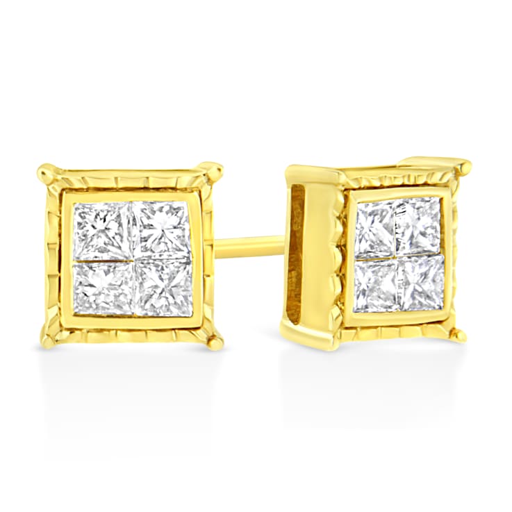 14K Yellow Gold 1.0ctw Invisible Set Princess-Cut Diamond Composite 8
Stone Stud Earrings