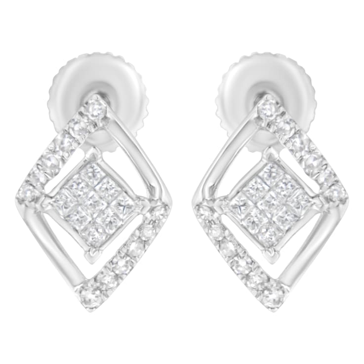 10K White Gold 1/3ctw Princess-cut Diamond Double Triangle Stud Earrings