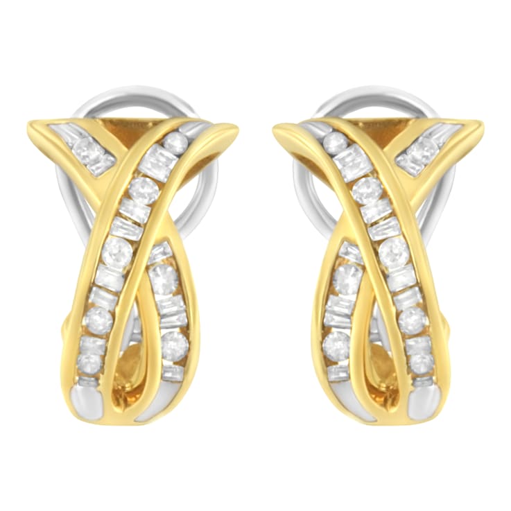 14K Two-Tone 1/2ctw "X" Shape Cross Over Diamond Hoop Earrings