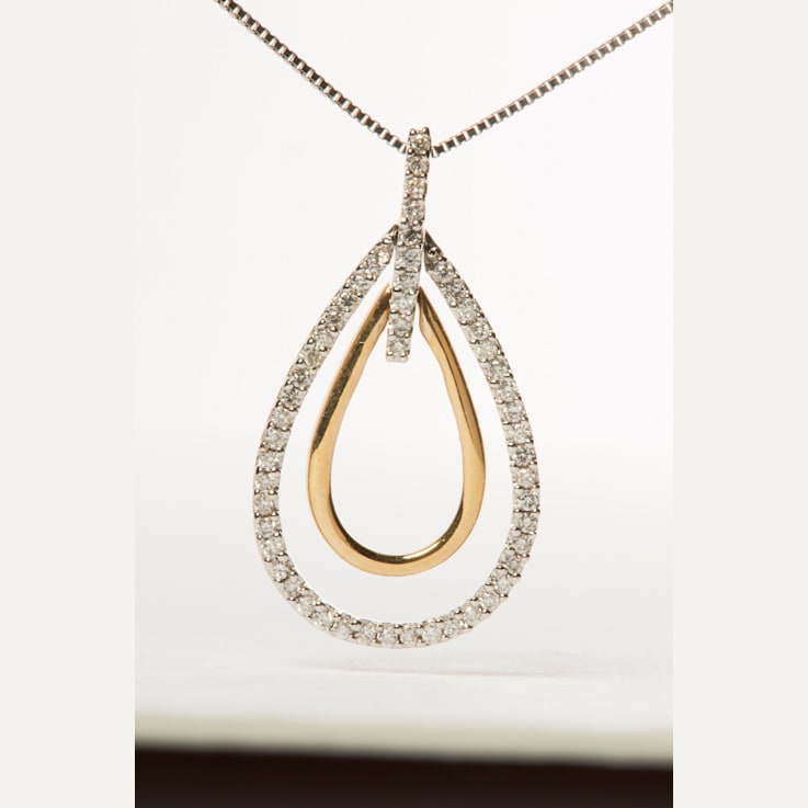 14K Two-Tone Gold Round Diamond Double Burst Pendant Necklace 1/4ctw