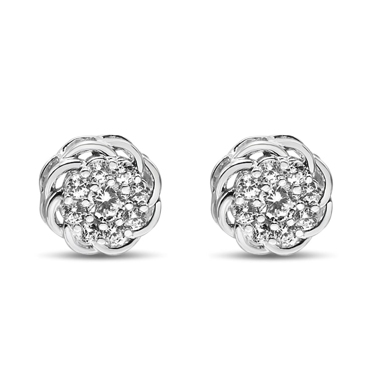 Sterling Silver 1/2ctw Round Diamond Cluster Openwork Floral Halo Stud Earrings