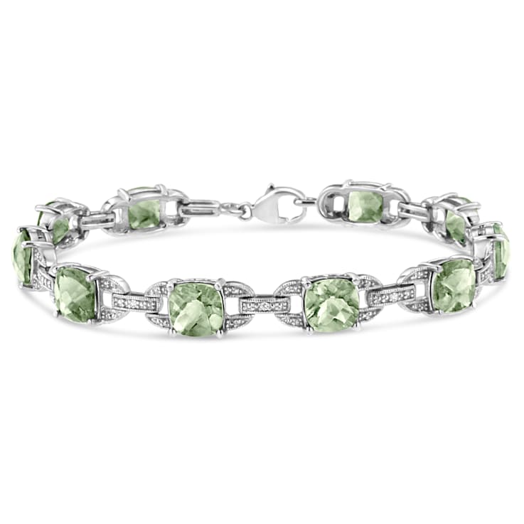 .925 Sterling Silver 7x7 mm Cushion Cut Prasiolite and 1/20ctw Round Cut
Diamond Tennis Bracelet