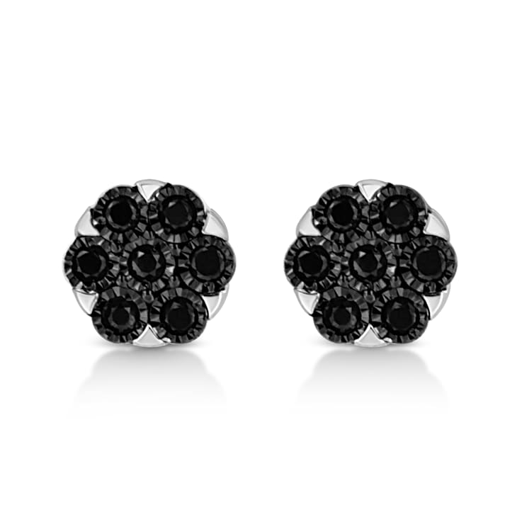 Sterling Silver 1/4ctw Black Color Treated Diamond Cluster Flower Stud Earrings
