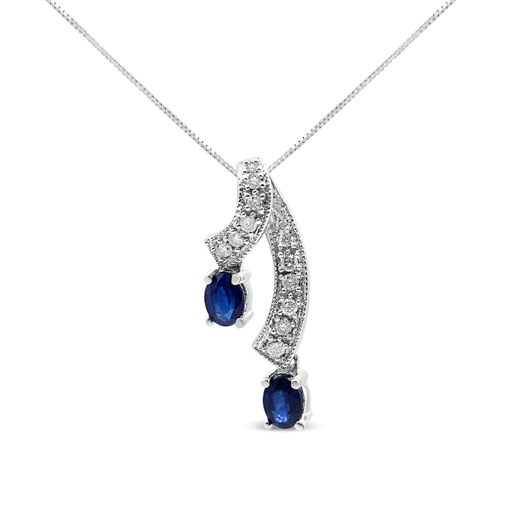 14K White Gold 5x4 MM Oval Blue Sapphire and Diamond Accent Double Drop
Ribbon 18" Pendant Necklace