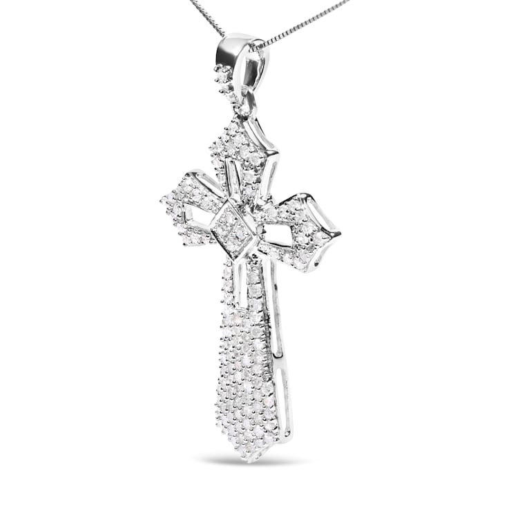 Sterling Silver 1.00 Cttw Diamond Fleur De Lis Cross 18" Pendant Necklace
