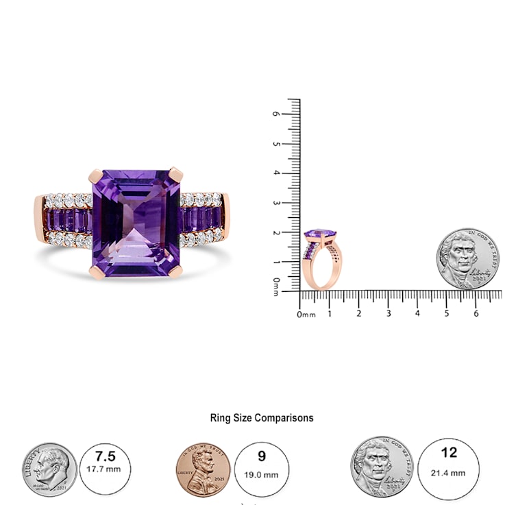 18K Rose Gold Emerald and Baguette Cut Purple Quartz and 1/4 Cttw
Diamond Accent Cocktail Ring