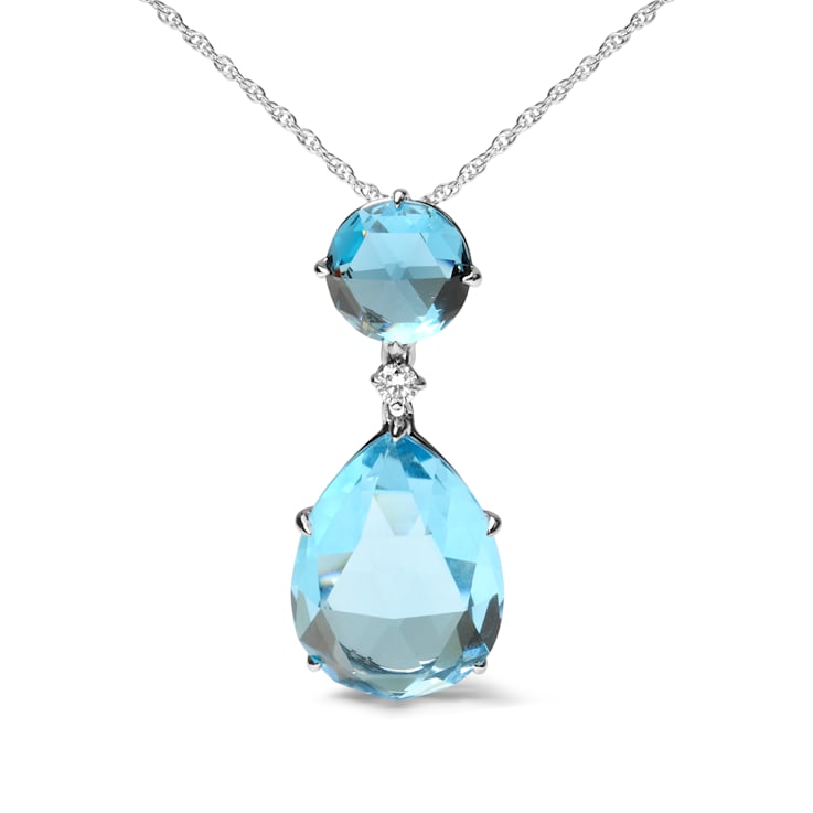18K White Gold Pear Cut Blue Topaz and Round Blue Topaz with Diamond
Accent Dangle Drop Pendant