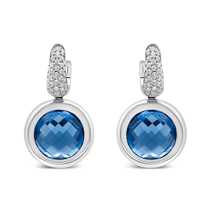 18K White Gold Bezel Set 11mm Blue Topaz and 1/2ctw Invisible Set
Diamond Bale Dangle Earrings