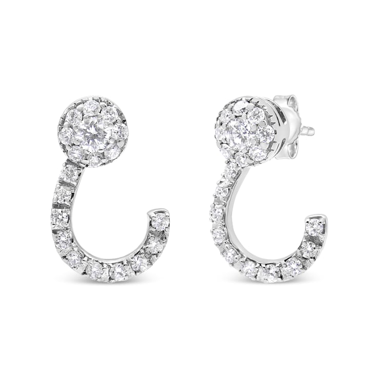 14K White Gold 1.00ctw Round-Cut Diamond Curved Cluster Drop Stud Earrings