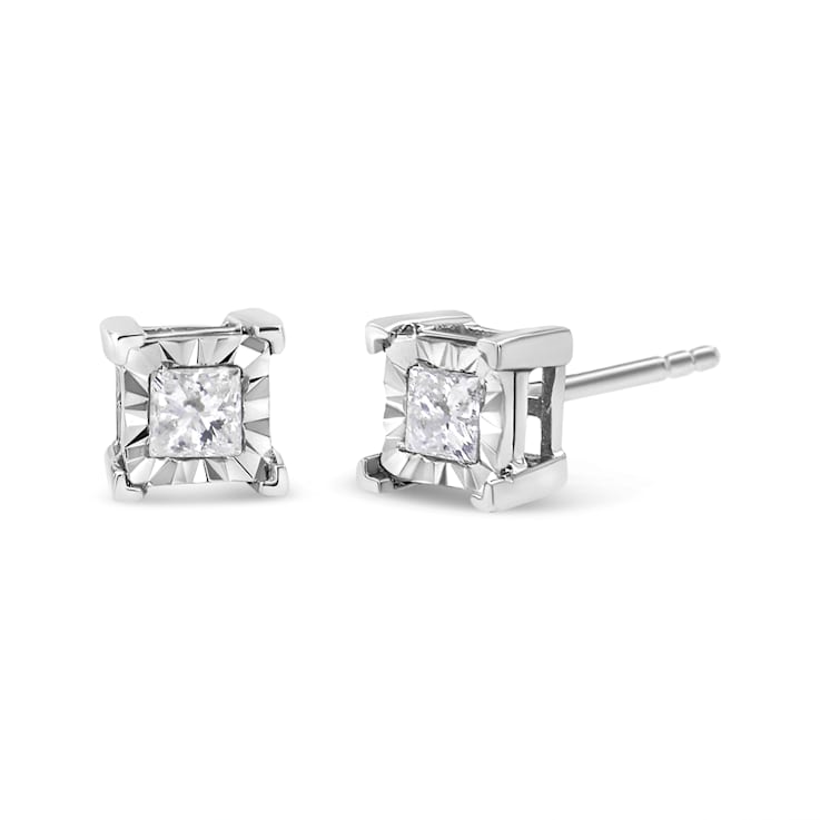 Sterling Silver 1.0ctw Miracle Set Princess-Cut Diamond Solitaire Stud Earrings