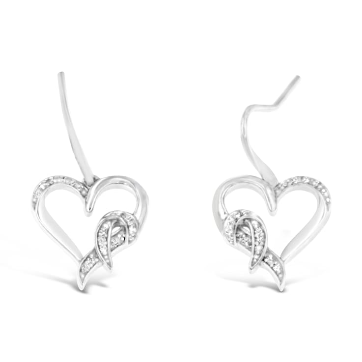 Sterling Silver Round Cut Diamond Heart Dangle Earrings .09ctw