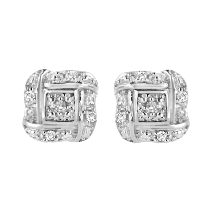 Sterling Silver Round Cut Diamond Square Stud Earrings .04ctw