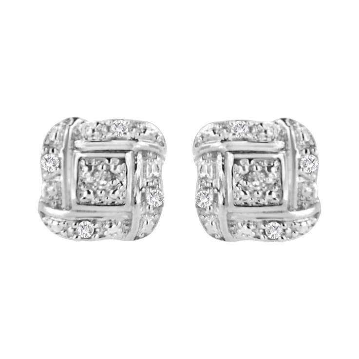 Sterling Silver Round Cut Diamond Square Stud Earrings .04ctw